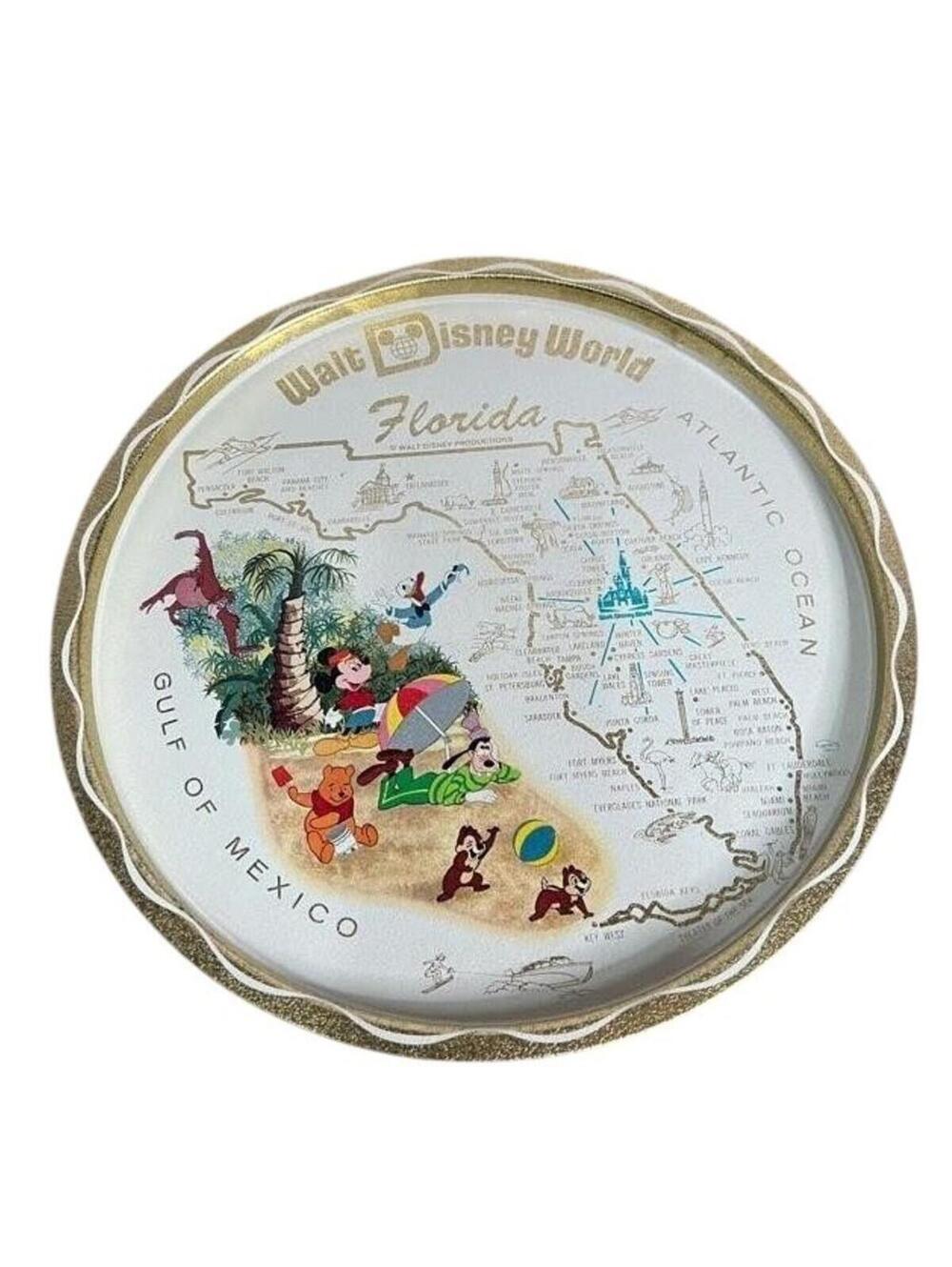 Vintage Walt Disney World Florida Map Mickey Mouse Metal Souvenir Tray Gold